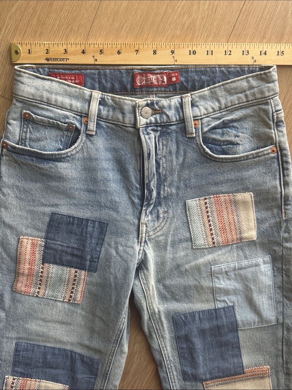 Lucky Legend Boyfriend Mid Rise Relaxed Straight Jeans Patchwork Size 26 - Picture 13 of 16
